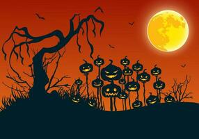 Lycklig halloween platt bakgrund med skrämmande död- träd full måne och skrämmande pumpor vektor