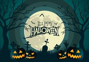 glücklich Halloween Banner oder Party Einladung Hintergrund mit glühend Kürbisse voll Mond und Halloween Text vektor