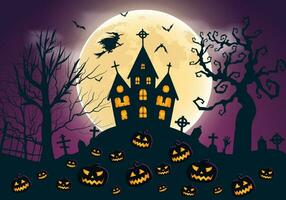 Lycklig halloween full måne violett bakgrund med kyrkogård pumpor träd och jagade slott vektor