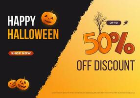 glücklich Halloween horizontal Verkauf Banner zum Beförderung mit realistisch Kürbisse und Typografie Illustration auf Gelb schwarz Hintergrund vektor