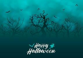 glücklich Halloween gespenstisch Hintergrund mit tot Baum Wald und fliegend Fledermäuse vektor