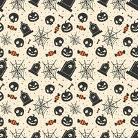 Halloween schwarz und Weiß Muster Hintergrund mit Spinnennetze Grabsteine und Halloween Süßigkeiten vektor
