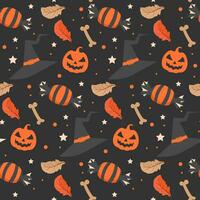 dunkel Halloween Muster mit Hexe Hut und Halloween Süßigkeiten vektor