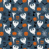 Halloween nahtlos Muster Hintergrund Illustration mit Geister Katzen Fledermäuse Kürbisse und Spinnennetze vektor