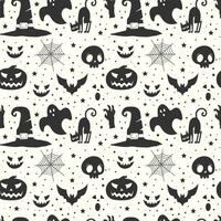 svart och vit halloween mönster bakgrund med häxa hatt och halloween element vektor
