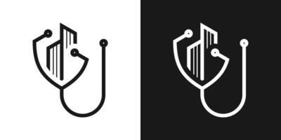 stetoskop och byggnad logotyp design medicinsk ikon vektor illustration