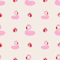 Rosa Flamingo aufblasbar Ring und Bälle nahtlos Muster. Hand gezeichnet texturiert Linoleum Schnitt Stil Sommer- Abbildungen Hintergrund. vektor