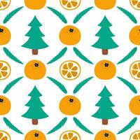 ny år sömlös ljus mönster med mandariner, jul träd och jul träd gren på en vit bakgrund vektor