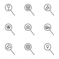 Vektor Linie Symbol einstellen zum Netz Websites, Shops, Banner, Infografik. Zeichen von Ausruf, Geschäft, tropfen, Überschneidung, Kamera, Haus, Ausrüstung im Lupe