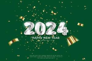 glücklich Neu Jahr 2024. Weiß elegant Zahlen mit Gold Konfetti auf elegant Hintergrund vektor