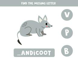 finden fehlt Brief. süß Karikatur Bandicoot. lehrreich Rechtschreibung Spiel zum Kinder. vektor