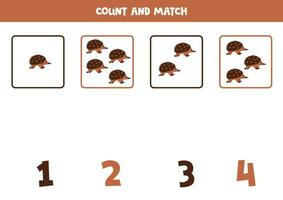 räkning spel för ungar. räkna Allt echidna och match med tal. kalkylblad för barn. vektor