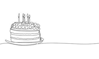 Kuchen einer Linie kontinuierlich. Kuchen mit Kerzen Linie Kunst. Gliederung glücklich Geburtstag Kuchen. Vektor Illustration.