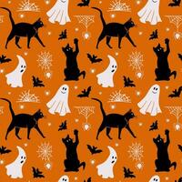 gruselig Halloween Muster om Orange Hintergrund. schwarz und Weiß Urlaub Design zum Halloween Party Dekoration, Textil, Verpackung Papier, Netz Banner, Sozial Medien Grafik vektor