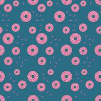 Hand gezeichnet nahtlos Muster mit bunt Donuts mit Rosa Glasur auf ein dunkel Hintergrund. Vektor Illustration