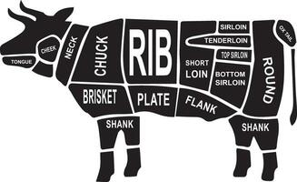 skära av nötkött uppsättning. affisch slaktare diagram och schema - ko. årgång typografisk ritad för hand. vektor illustration