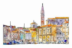 Piran Slowenien Aquarell Hand gezeichnet Illustration isoliert auf Weiß Hintergrund vektor