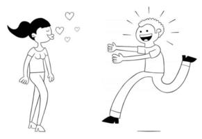 Cartoon-Frau bläst Küsse und Mann rennt sehr aufgeregt zu ihr vektor