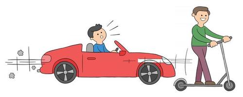 Cartoon offenes Luxusauto und Elektroroller, der schneller fährt vektor