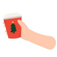 Kaffee Tassen mit Weihnachten Baum isoliert auf Weiß Hintergrund. Hand halten Kaffee Tasse. Tasse mit Weihnachten Design. Hallo Winter saisonal Konzept. vektor