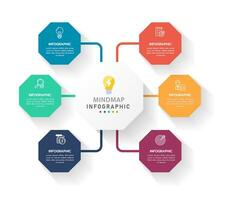 Infografik Vorlage zum Geschäft. 6 Schritte modern Mindmap Diagramm mit Achteck und Rechteck Themen, Präsentation Vektor Infografik.