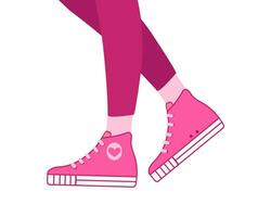 Beine von ein Mädchen im Turnschuhe. Rosa Turnschuhe zum Joggen und Sport. modern modisch Schuhe, Sport Stil. komfortabel Laufen Schuhe. Vektor Illustration auf isoliert Weiß Hintergrund.