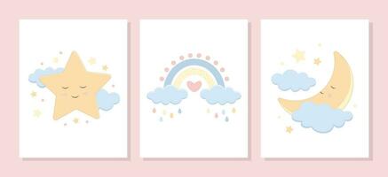 vektor uppsättning av hälsning kort och affischer. söt tecknad serie ritningar av de månad, moln, stjärnor och regnbågar för en barns Semester, en väntar fest