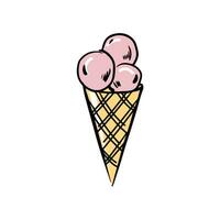 Gekritzel Stil Eis Creme. Hand gezeichnet Vektor Illustration. ein Eis Sahne Kegel mit drei Bälle auf ein Weiß Hintergrund. Essen, Süßigkeiten. Rosa und Gelb Farbe.