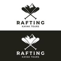 retro Jahrgang Hipster Element Logo Vorlage Rafting oder Kajak fahren mit Berge und Wald.Logo zum Rafting Club, Sport, Abenteuer und Abzeichen. vektor