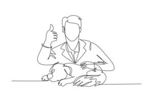 Single einer Linie Zeichnung jung glücklich Tierarzt Arzt Pose Daumen oben Geste nach Behandlung krank Hund beim Klinik. Haustier Gesundheitswesen Konzept. modern kontinuierlich Linie zeichnen Design Grafik Vektor Illustration