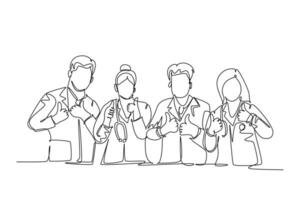 enda ett linje teckning grupper av ung Lycklig manlig och kvinna doktorer ger tummen upp gest som service förträfflighet symbol. medicinsk team arbete. kontinuerlig linje dra design grafisk vektor illustration
