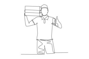 kontinuerlig ett linje teckning av ung Lycklig leverans man ger tummen upp gest medan hiss upp kartong låda paket till kund. leverans service företag. enda linje design vektor grafisk illustration