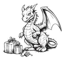 Drachen Baby mit Geschenke Neu Jahr Clip Art skizzieren Hand gezeichnet Vektor Illustration