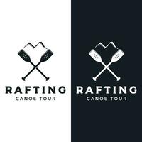 retro Jahrgang Hipster Element Logo Vorlage Rafting oder Kajak fahren mit Berge und Wald.Logo zum Rafting Club, Sport, Abenteuer und Abzeichen. vektor