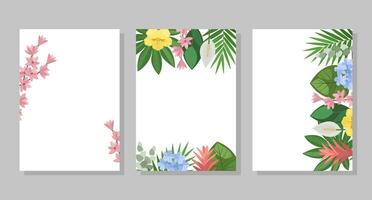 uppsättning av tropisk blomma kompositioner, bakgrunder, ramar, vykort. vektor botanisk illustration för häfte, inbjudan eller flygblad.