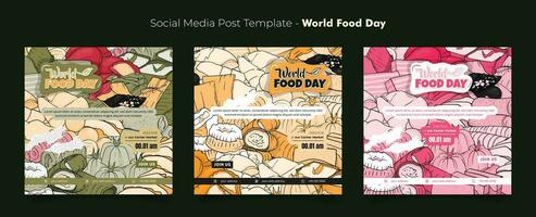 einstellen von Sozial Medien Vorlage mit Gekritzel Kunst von indonesisch Straße Essen zum Welt Essen Tag Kampagne vektor