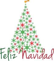 jul träd vektor illustration tillverkad med snöflingor och text glad jul i röd och grön färger och i spanska.