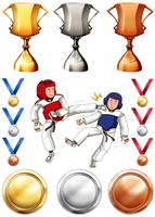 Taekwondo und viele Trophäen und Medaillen vektor
