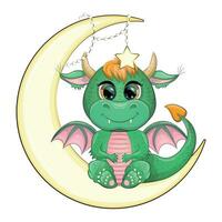 süß Karikatur Grün Baby Drachen auf das Mond. Symbol von 2024 gemäß zu das Chinesisch Kalender. vektor