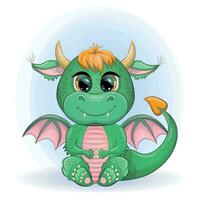 söt tecknad serie grön bebis drake med horn och vingar. symbol av 2024 enligt till de kinesisk kalender. rolig mytisk monster reptil vektor