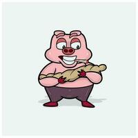 Schwein Charakter Karikatur mit Glücklich, Rauchen und bringen Baby Zigarette. vektor