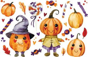 Aquarell Zeichnung, einstellen von süß Zeichen Halloween Kürbisse, Süßigkeiten und Süßigkeiten. kawaii. vektor