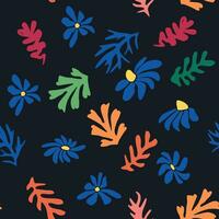 Blau matisse Blumen- Muster, krumm Blätter und rot Blumen. vektor