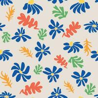 Blau matisse Blumen- Muster, krumm Blätter und rot Blumen. vektor