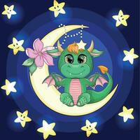 ein süß Karikatur Grün Drachen sitzt auf das Mond. Tier auf ein dunkel Blau Hintergrund mit Wolken und Sterne. Jahr 2024 Chinesisch Kalender vektor
