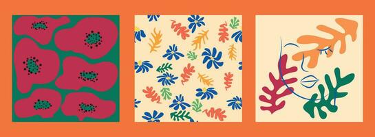 modern trendig matisse blomma minimal stil. uppsättning av 3 matisse inspirerad vägg konst affischer, broschyr, flygblad mallar vektor