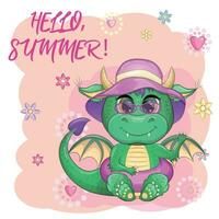 süß Karikatur Grün Baby Drachen im ein Sommer- Hut, schwimmen Ring. Symbol von 2024 gemäß zu das Chinesisch Kalender. vektor