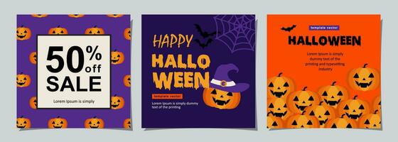 halloween banderoller uppsättning, fest inbjudan bakgrund med moln, fladdermöss och pumpor i platt design för baner, omslag, utskrift och social media posta. vektor illustration.