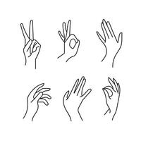 Hände Posen. weiblich Hand halten und zeigen Gesten, Finger gekreuzt, Faust, Frieden und Daumen hoch. Karikatur Mensch Palmen und Handgelenk Vektor Satz. Kommunikation oder reden mit Emoji zum Boten
