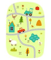 söt by Karta med hus och djur. hand dragen vektor illustration av en odla. stad Karta skapare.